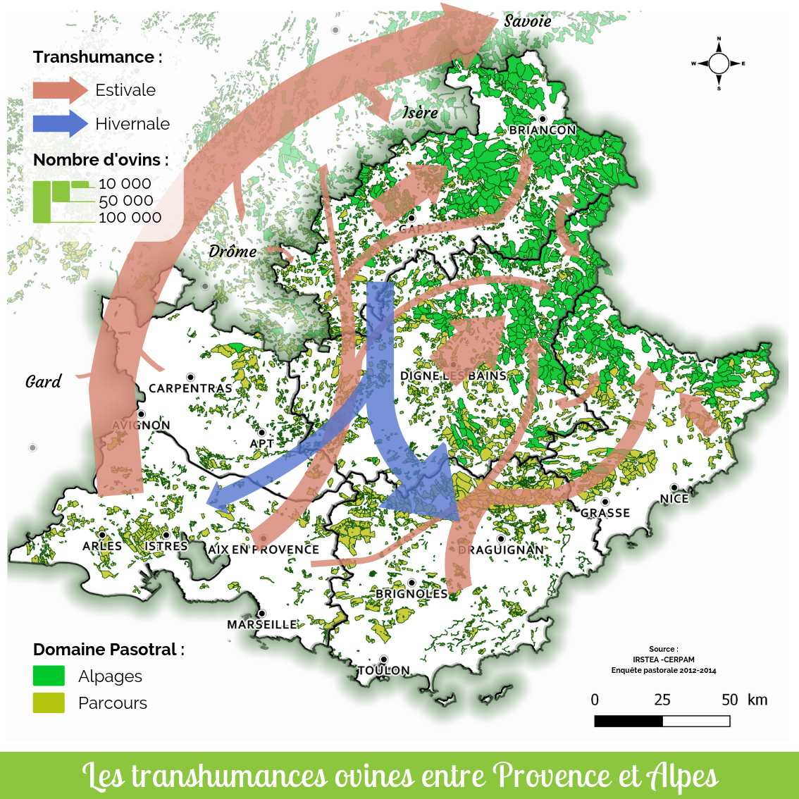 Carte des transhumances ovines de la Provence aux Alpes